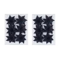 Cosy & Trendy Decoratie bloemen - 18x - glitter zwart - op ijzerdraad - 8 cm - kerstdecoratie