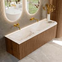 Mondiaz KURVE-DLUX 145 cm Onderkast Greeploos 1 Lade Met Deuren Walnut, Wastafel Solid Surface Links Frappe 0 Kraangaten Zonder Spiegel (KRVLEA145R1L1D0KD-Wal/Fra)