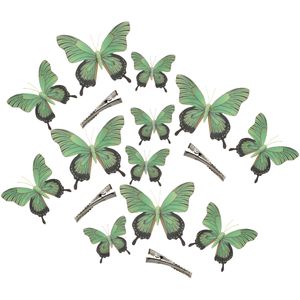 12x stuks decoratie vlinders op clip - groen - 3 formaten - 12/16/20 cm