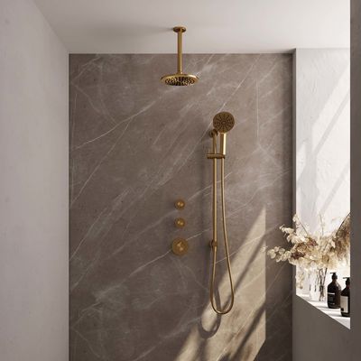 Regendoucheset Inbouw Brauer Gold Edition Thermostatisch 20 cm met Plafondarm, Glijstang en Handdouche 3-Standen Losse Stopkranen Geborsteld Goud