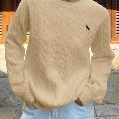 Bon&Bon Women's Navy Blue Polo Collar Cable-Knit Embroidered Sweater Apricot-8 / M