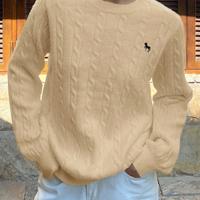 Bon&Bon Women's Navy Blue Polo Collar Cable-Knit Embroidered Sweater Apricot-8 / M