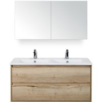 Porto Badmeubelset 120 cm - 2 Laden Natuur Eiken - Keramische Wastafel Wit Slim met Spiegelkast
