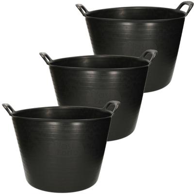 Plasticforte Flexibele kuip emmer - 3x stuks - wasmand - rond - zwart - 42 liter - Opbergmanden