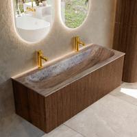 Badmeubel Mondiaz Kurve-Dlux | 120 cm | Meubelkleur Walnut | Wastafelkleur Oza | Solid surface | Wasbak midden spoelbak | 2 kraangaten