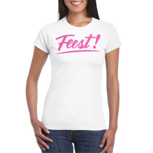 Verkleed T-shirt voor dames - feest - wit - roze glitter - carnaval/themafeest