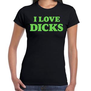 Foute party t-shirt dames - I love dicks - zwart - glitter groen - carnaval/themafeest