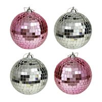 Kerstballen disco - 4x st - roze en zilver - 10 cm - kunststof - spiegel kerstballen