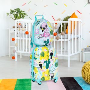 2 Stuks Kinderbagage Handbagage set met Rugzak en Koffer Rollende Koffer Schattige Cartoonpatroon Reiskoffers 30 X 22 X 44,5-74 CM