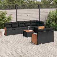 9-delige Loungeset met kussens poly rattan zwart