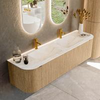 Badmeubel Mondiaz Kurve-Dlux | 170 cm | Meubelkleur Oak | Wastafelkleur Ostra | Solid surface | Dubbele spoelbak | 2 kraangaten