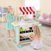 Houten Ijswagen voor Kinderen met 8 Accessoires Speelgoed Ijswagen met Luifel 2 Planken & Schoolbord Marktkraam voor Kinderen 3+