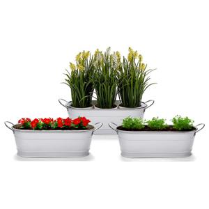 Plantenpot/bloempot teil - 3x - ovaal - zink - wit - L32,5 x D10,5 x H11 cm