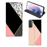 Samsung Galaxy S21 Plus Stand Case Zwart Roze Vormen - thumbnail