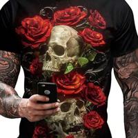 Bon&Bon Men's Skull & Floral Print Streetwear Tee - Black Short Sleeve Top 1XL