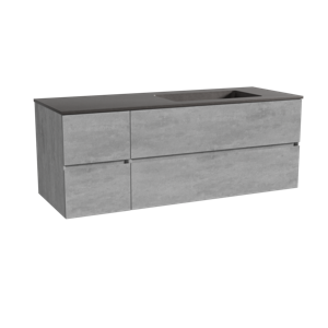 Storke Edge zwevend badmeubel 140 x 52 cm beton donkergrijs met Scuro asymmetrisch rechtse wastafel in kwarts mat zwart