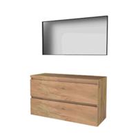 Basic-Line Framed 46 Badkamermeubelset - 120 x 46 cm - Greeploos - 2 Lades - Wastafelblad - Spiegel met Zwart Aluminium Frame - Whisky Oak
