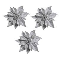 3x Kerstversieringen kerststerren bloemen zilver op clip   -