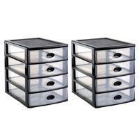 Bureau organizer - 2x - 4 lades - zwart/transparant - B18 x H33.5 x D25.5 cm - Ladeblok