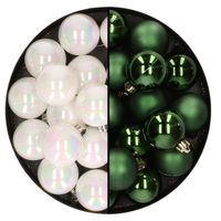32x stuks kunststof kerstballen mix van parelmoer wit en donkergroen 4 cm - Kerstbal - thumbnail