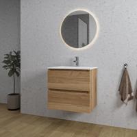 Adema Chaci Badkamermeubelset - 60x46x57cm - 1 keramische wasbak wit - 1 kraangat - 2 lades - ronde spiegel met verlichting - eiken SW1212759/SW804530/SW108325