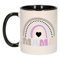 Cadeau koffie/thee mok voor mama - zwart - lila regenboog - hartjes - keramiek - Moederdag