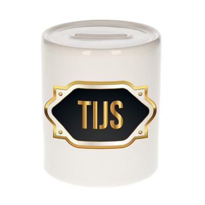 Spaarpot met voornaam Tijs - wit - goud/zwart embleem - 8 x 9 cm - keramiek - afsluitdop