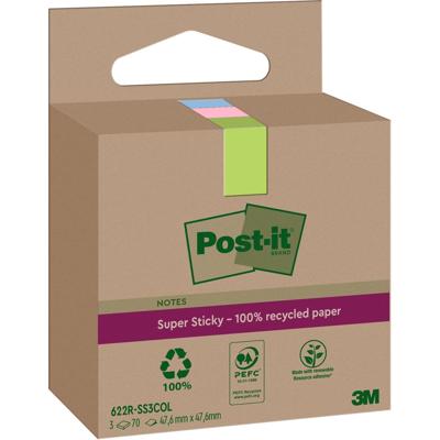 Post-it Super Sticky Notes Recycled, 70 vel, ft 47,6 x 47,6 mm, assorti, pak van 3 blokken Post-it Super Sticky Notes Recycled, 70 vel, ft 47,6 x 47,6 mm, assorti, pak van 3 blokken