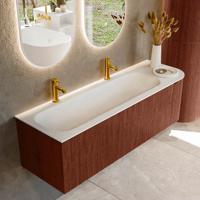 Badmeubel Mondiaz Kurve | 145 cm cm | Meubelkleur Ruby | Wastafelkleur Talc | Solid surface | Wasbak links zijde spoelbak | 2 kraangaten