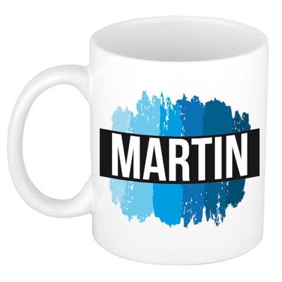 Martin naam cadeau koffie mok - beker - met blauw verfstrepen - Cadeau collega - vaderdag