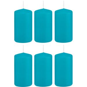 6x Turquoise blauwe cilinderkaarsen/stompkaarsen 5 x 10 cm 23 branduren