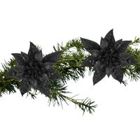 2x stuks kerstboom bloemen kerstster zwart glitter op clip 15 cm - Kersthangers - thumbnail