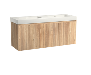 Storke Seda zwevend badmeubel met draaideur 150 x 52 cm ruw eiken met Mata High dubbele wastafel in matte Solid Surface