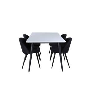 Jimmy150 eethoek eetkamertafel uitschuifbare tafel lengte cm 150 / 240 wit en 4 Velvet eetkamerstal zwart.