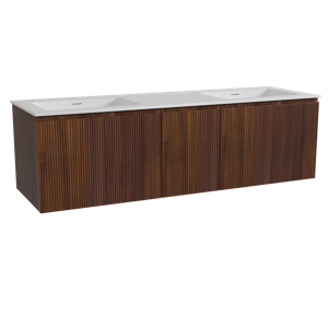 Storke Ribs zwevend badmeubel 165 x 52 cm notenhout met Mata dubbele wastafel in solid surface mat wit, Verticale symmetrische rechte ribbel