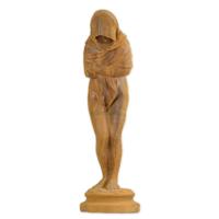 A RUSTY CAST IRON FIGURINE OF A HOODED WOMAN