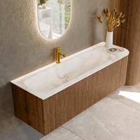 Mondiaz KURVE-DLUX 145 cm Onderkast Greeploos 1 Lade Met Deuren Walnut, Wastafel Solid Surface Links Frappe 1 Kraangat Zonder Spiegel (KRVBGL145R1L1D1KL-Wal/Fra)