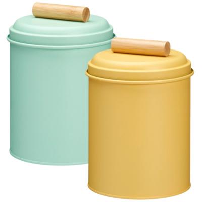 Voorraadpotten set - 2x - koekjes bewaarblik - 14 x 20 cm - metaal - groen / geel Voorraadpotten set - 2x - koekjes bewaarblik - 14 x 20 cm - metaal - groen / geel