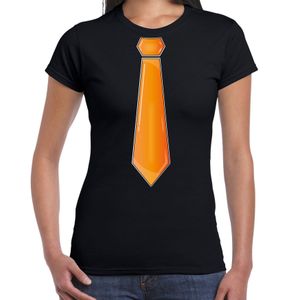 Verkleed t-shirt voor dames - stropdas oranje - zwart - carnaval - foute party - verkleedshirt
