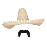 Carnaval verkleed set - Mexicaanse sombrero hoed met plaksnor - naturel - heren