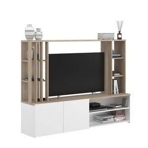 Compleet tv-meubel voor wandmontage AUSTRAL - Japans eiken en wit decorpapier - B 184 x D 41 x H 138 cm - PARISOT