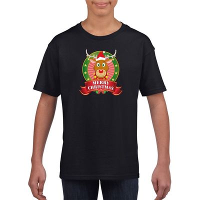Zwart Kerst t-shirt voor kinderen met een rendier Zwart Kerst t-shirt voor kinderen met een rendier