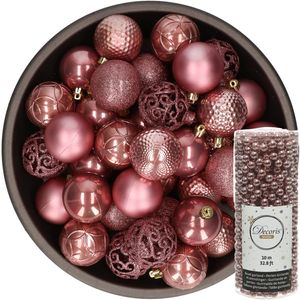 37x stuks kunststof kerstballen 6 cm inclusief kralenslinger oudroze - Kerstbal