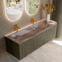 Badmeubel Mondiaz Kurve-Dlux | 145 cm | Meubelkleur Shadow | Wastafelkleur Sombra | Solid surface | Wasbak linker zijde spoelbak | 2 kraangaten