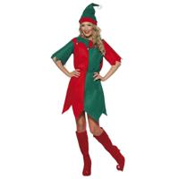 Kerstelf kostuum - rood/groen - dames - polyester - kerst verkleedkleding - elfenjurkje