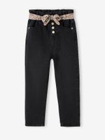 Paperbag jeans met bloemenriem voor meisjes zwart denim - thumbnail