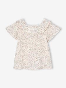 Feestelijke meisjesblouse met bloemetjes van katoengaas roze, bedrukt