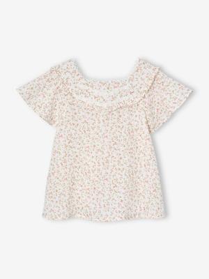 Feestelijke meisjesblouse met bloemetjes van katoengaas roze, bedrukt