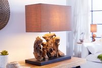 Handgemaakte tafellamp ARAGON 50cm bruine drijfhouten voet met linnen kap - 20694