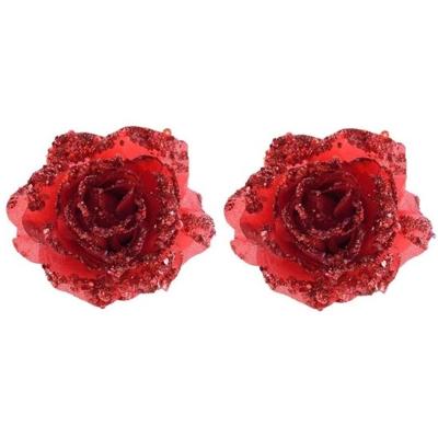 Kerstboomversiering Bloem - 2x - 14 cm - rood - op clip - ornament - roos